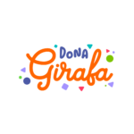 Logotipo da Dona Girafa em laranja e azul com formas geométricas (triângulos, círculos e quadrados), símbolo da creche e pré-escola.